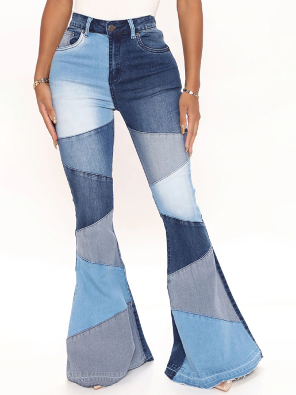 Women's two-color splicing street washed flared jeans-chiquechics