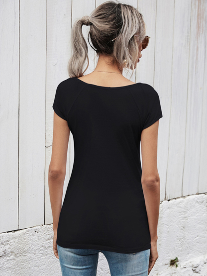 Summer short-sleeved t-shirt female simple slim hollow round neck solid color ladies top-chiquechics