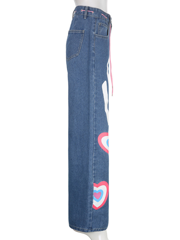 Women's Contrasting Color Heart Graffiti Print Loose Jeans-chiquechics