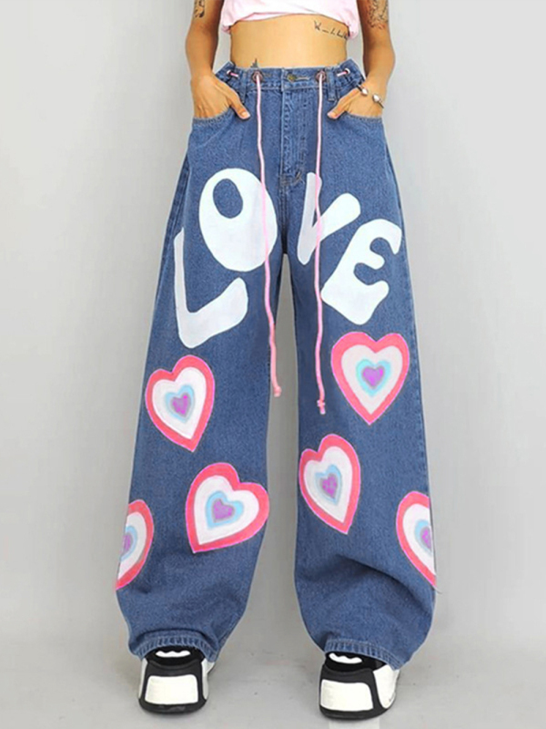 Women's Contrasting Color Heart Graffiti Print Loose Jeans-chiquechics