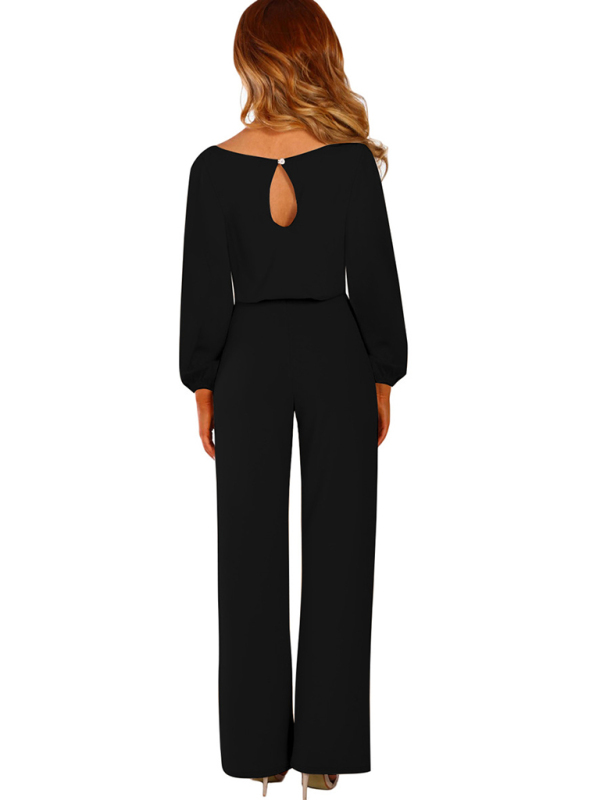Women's woven simple and elegant long-sleeved waist jumpsuit-chiquechics