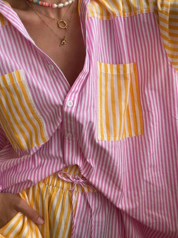 Summer Beach Sportswear Shorts Set Striped Shirt Tops Shorts Set Two-Piece Set-chiquechics