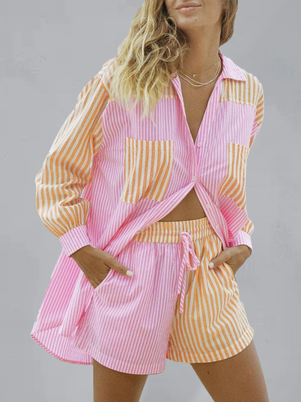 Summer Beach Sportswear Shorts Set Striped Shirt Tops Shorts Set Two-Piece Set-chiquechics