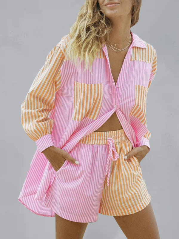 Summer Beach Sportswear Shorts Set Striped Shirt Tops Shorts Set Two-Piece Set-chiquechics