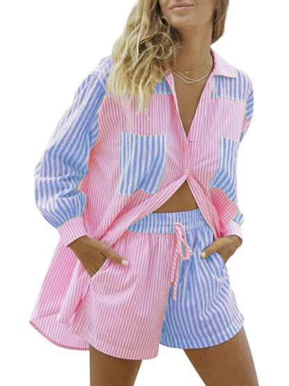 Summer Beach Sportswear Shorts Set Striped Shirt Tops Shorts Set Two-Piece Set-chiquechics