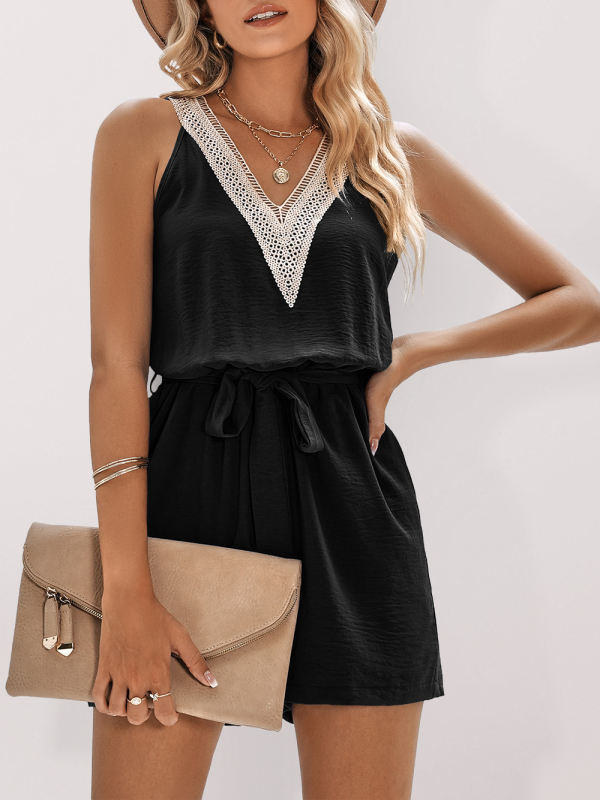 Women's Casual Lace V-Neck Sleeveless Belt Jumpsuit-chiquechics