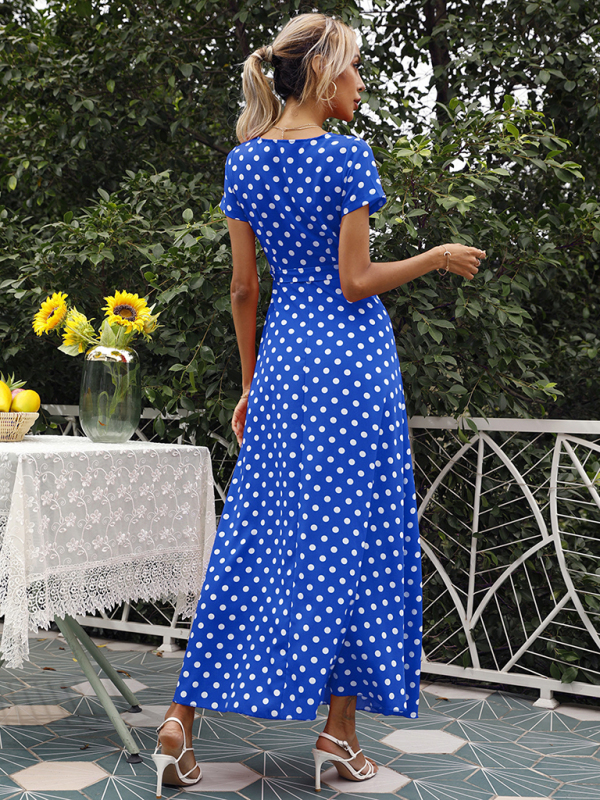 Casual Waist Short Sleeve Polka Dot Slit Dress-chiquechics