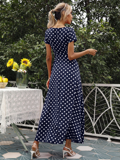 Casual Waist Short Sleeve Polka Dot Slit Dress-chiquechics