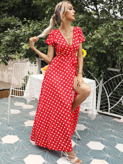 Casual Waist Short Sleeve Polka Dot Slit Dress-chiquechics