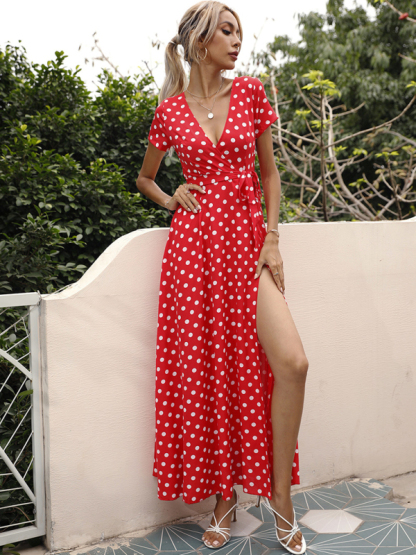 Casual Waist Short Sleeve Polka Dot Slit Dress-chiquechics