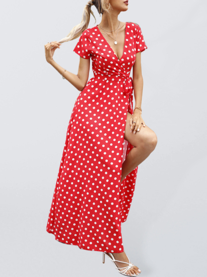 Casual Waist Short Sleeve Polka Dot Slit Dress-chiquechics