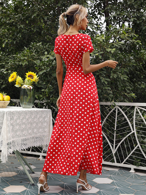 Casual Waist Short Sleeve Polka Dot Slit Dress-chiquechics