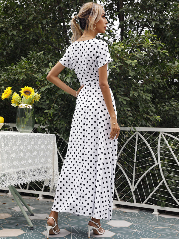 Casual Waist Short Sleeve Polka Dot Slit Dress-chiquechics