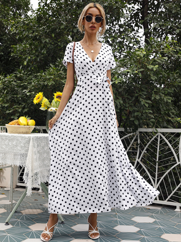 Casual Waist Short Sleeve Polka Dot Slit Dress-chiquechics
