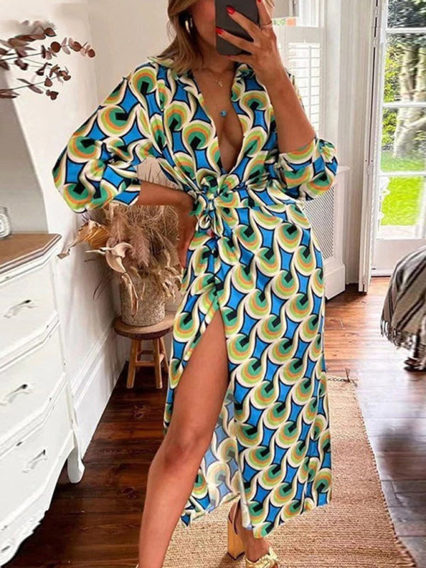 Printed Lantern Sleeve Tie Slit Lapel Dress Contrasting Color Mid Length Skirt-chiquechics