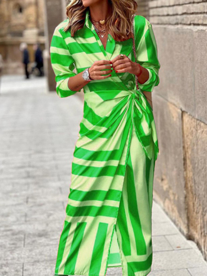 Printed Lantern Sleeve Tie Slit Lapel Dress Contrasting Color Mid Length Skirt-chiquechics