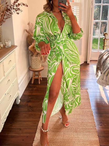 Printed Lantern Sleeve Tie Slit Lapel Dress Contrasting Color Mid Length Skirt-chiquechics