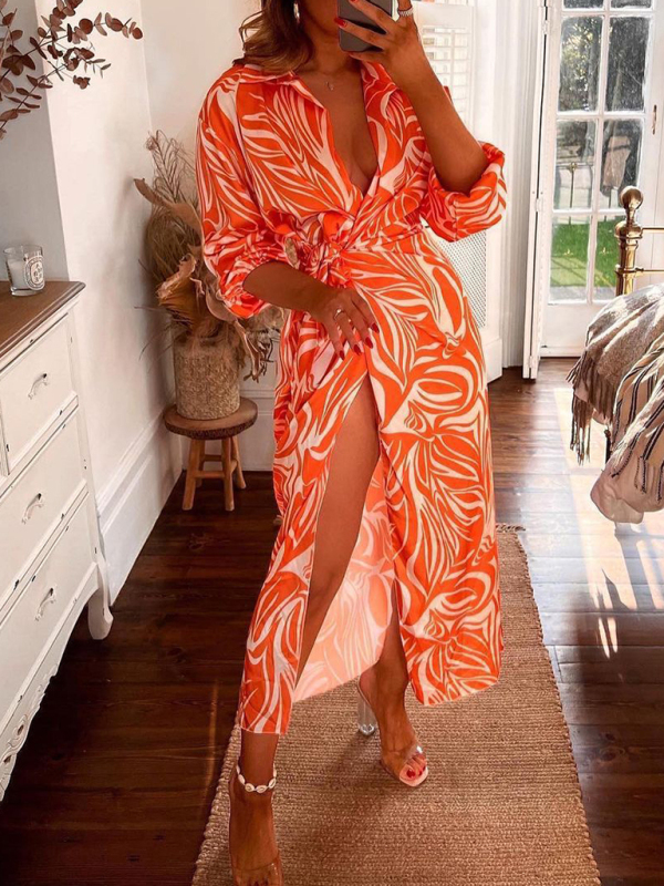 Printed Lantern Sleeve Tie Slit Lapel Dress Contrasting Color Mid Length Skirt-chiquechics