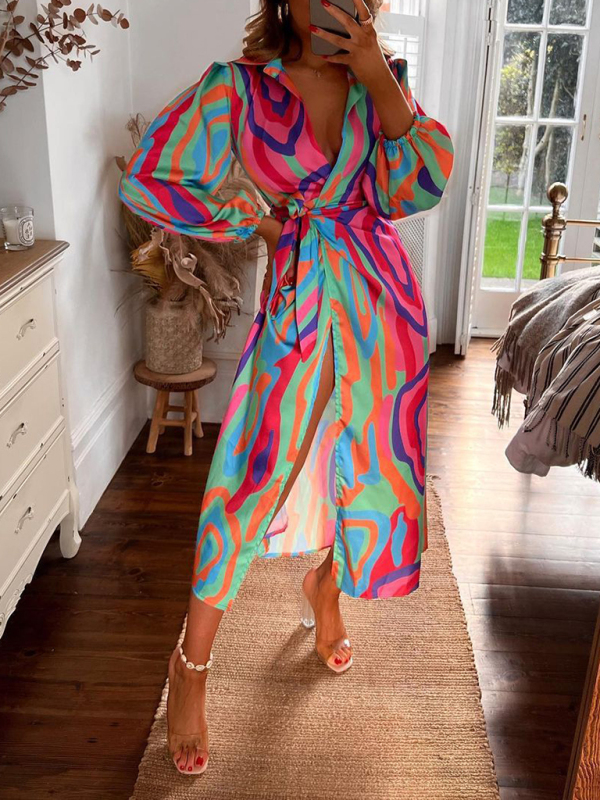 Printed Lantern Sleeve Tie Slit Lapel Dress Contrasting Color Mid Length Skirt-chiquechics