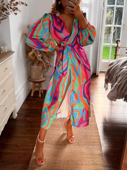 Printed Lantern Sleeve Tie Slit Lapel Dress Contrasting Color Mid Length Skirt-chiquechics