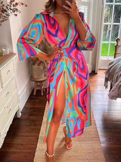 Printed Lantern Sleeve Tie Slit Lapel Dress Contrasting Color Mid Length Skirt-chiquechics