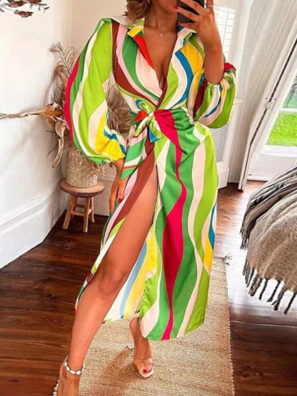 Printed Lantern Sleeve Tie Slit Lapel Dress Contrasting Color Mid Length Skirt-chiquechics