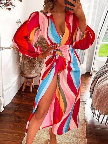 Printed Lantern Sleeve Tie Slit Lapel Dress Contrasting Color Mid Length Skirt-chiquechics