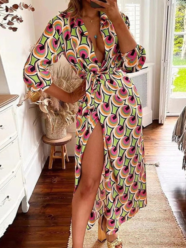 Printed Lantern Sleeve Tie Slit Lapel Dress Contrasting Color Mid Length Skirt-chiquechics