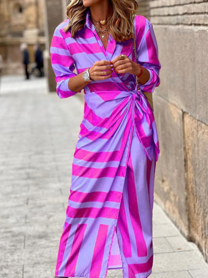 Printed Lantern Sleeve Tie Slit Lapel Dress Contrasting Color Mid Length Skirt-chiquechics