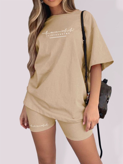 New letter printing fashion loose thin T-shirt casual sports two-piece suit-chiquechics