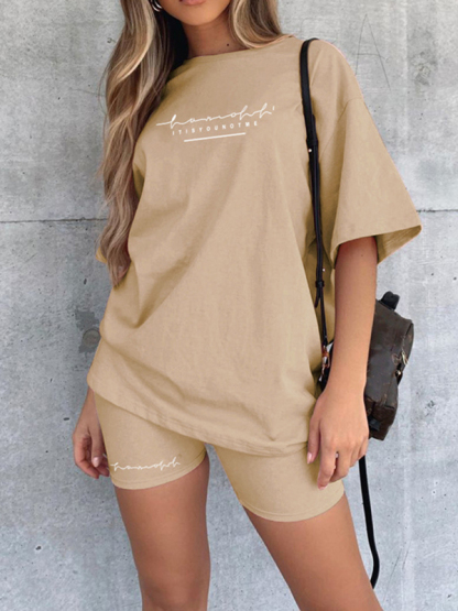 New letter printing fashion loose thin T-shirt casual sports two-piece suit-chiquechics