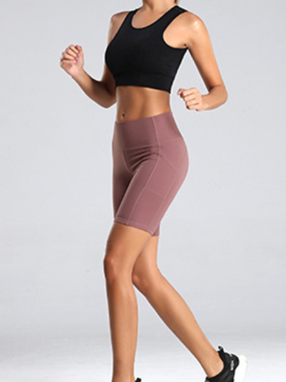 Ladies Stitching Five Point Sports Pocket Tight Fitness High Waist Hip Lifting Cycling Yoga Shorts-chiquechics