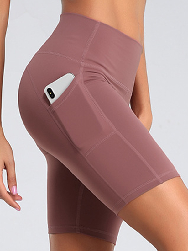 Ladies Stitching Five Point Sports Pocket Tight Fitness High Waist Hip Lifting Cycling Yoga Shorts-chiquechics
