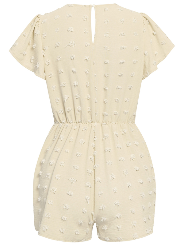 Women's solid color V-neck chiffon jacquard short-sleeved rompers-chiquechics