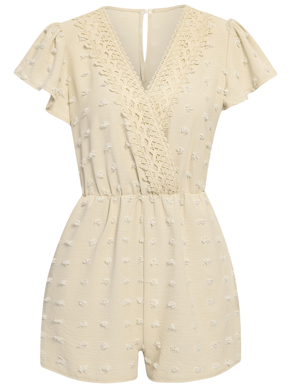 Women's solid color V-neck chiffon jacquard short-sleeved rompers-chiquechics