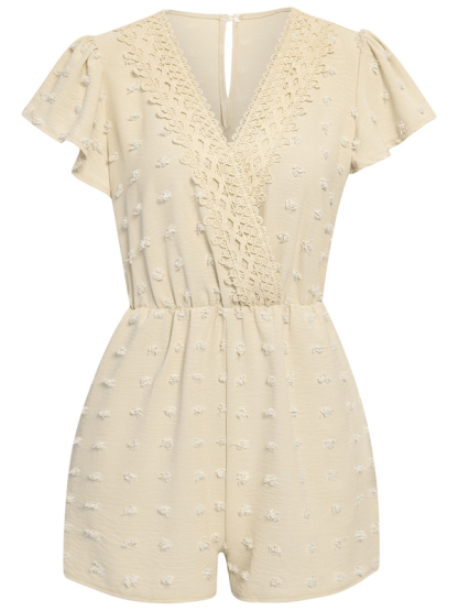 Women's solid color V-neck chiffon jacquard short-sleeved rompers-chiquechics
