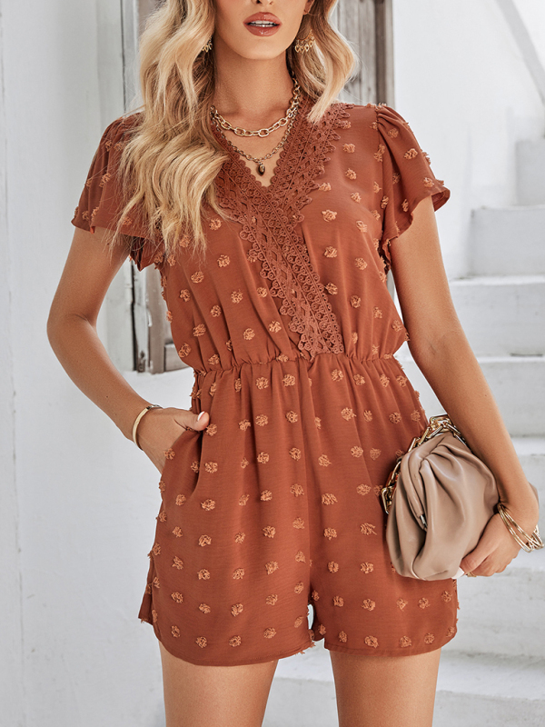 Women's solid color V-neck chiffon jacquard short-sleeved rompers-chiquechics