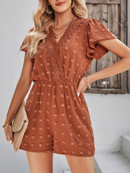 Women's solid color V-neck chiffon jacquard short-sleeved rompers-chiquechics