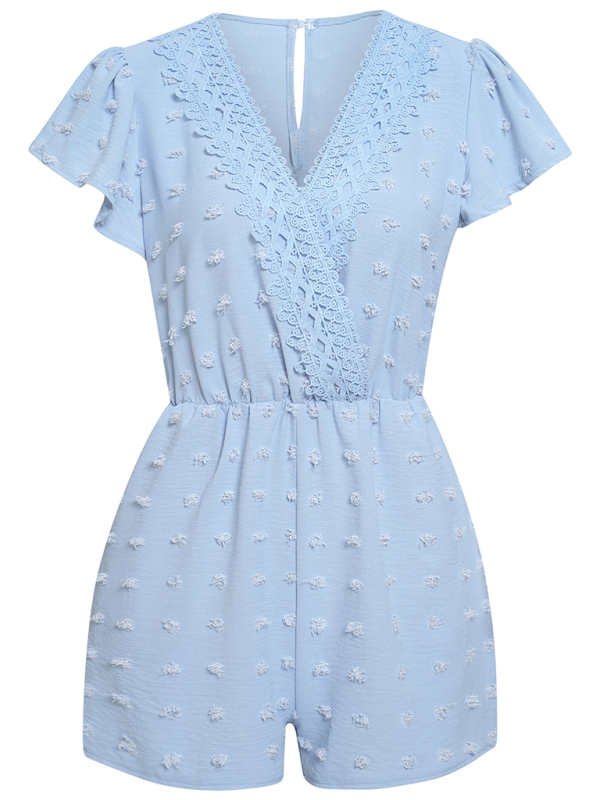 Women's solid color V-neck chiffon jacquard short-sleeved rompers-chiquechics