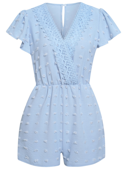 Women's solid color V-neck chiffon jacquard short-sleeved rompers-chiquechics