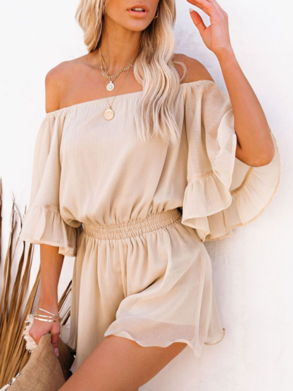 New splicing short-sleeved loose-fitting solid-color chiffon jumpsuit-chiquechics
