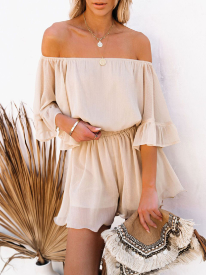New splicing short-sleeved loose-fitting solid-color chiffon jumpsuit-chiquechics
