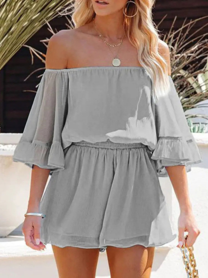 New splicing short-sleeved loose-fitting solid-color chiffon jumpsuit-chiquechics