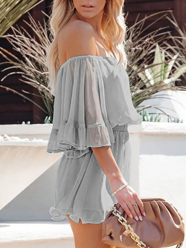 New splicing short-sleeved loose-fitting solid-color chiffon jumpsuit-chiquechics
