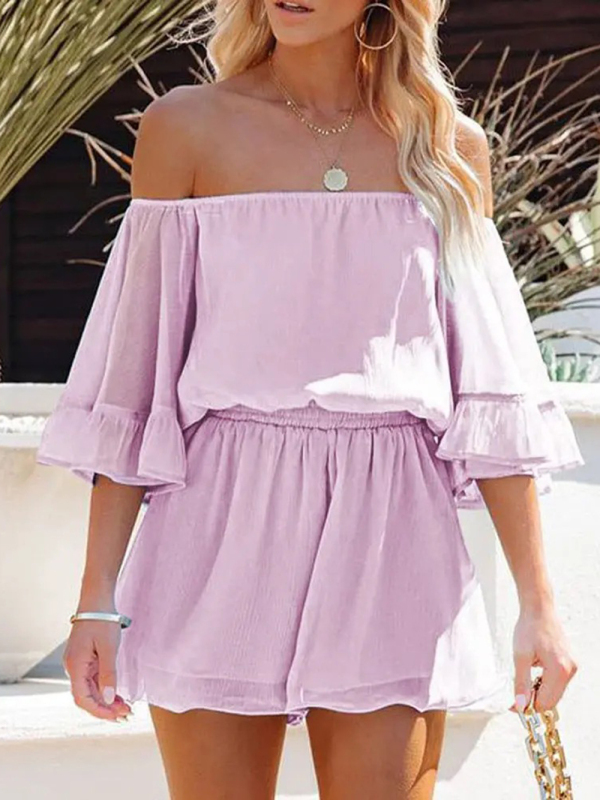New splicing short-sleeved loose-fitting solid-color chiffon jumpsuit-chiquechics