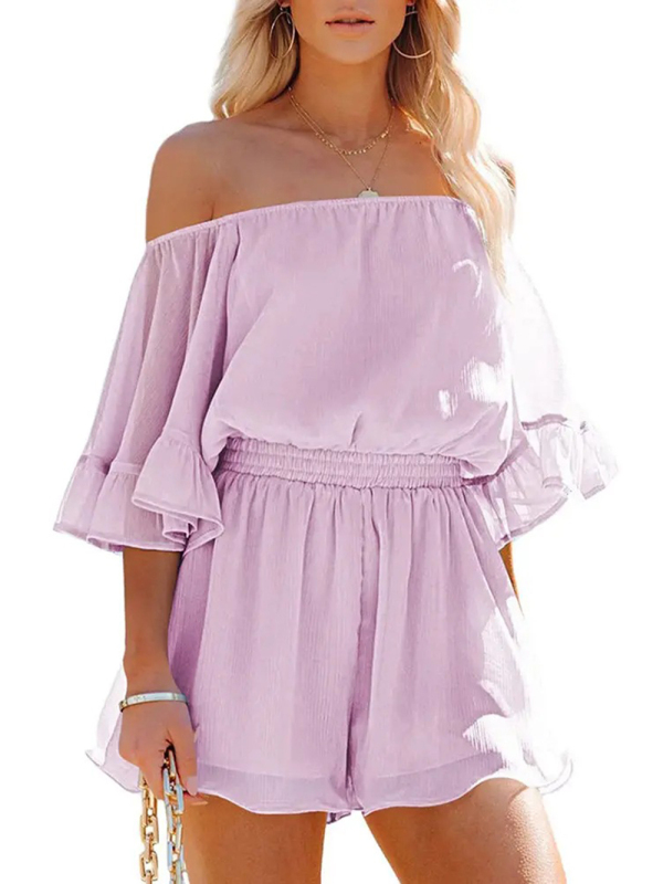 New splicing short-sleeved loose-fitting solid-color chiffon jumpsuit-chiquechics