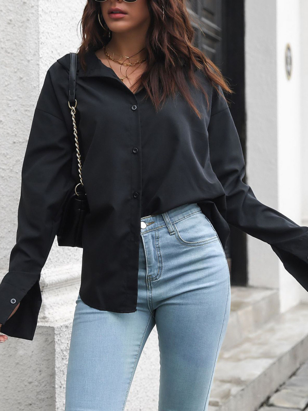 Solid color long-sleeved shirt J simple casual all-match top-chiquechics