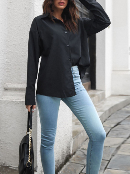 Solid color long-sleeved shirt J simple casual all-match top-chiquechics