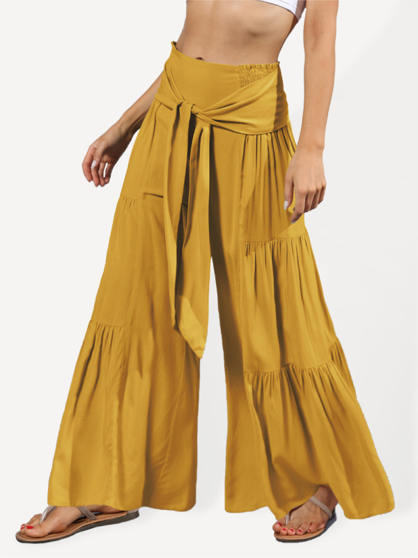 Women's woven strap elastic waist this kind of wide-leg A-type casual trousers-chiquechics