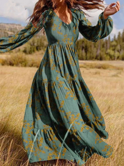 Paneled crinkled bohemian oversized cotton-print maxi dress-chiquechics